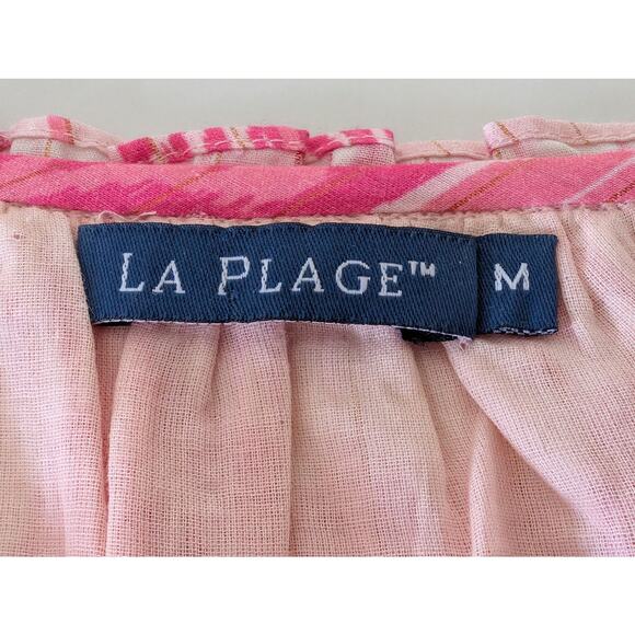 Women's LA PLAGE Dress Tiered Skirt Short Sleeve Pink White Size Medium Boho - Picture 3 of 7